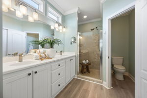 Just beyond, the primary bath is bright and well scaled ...