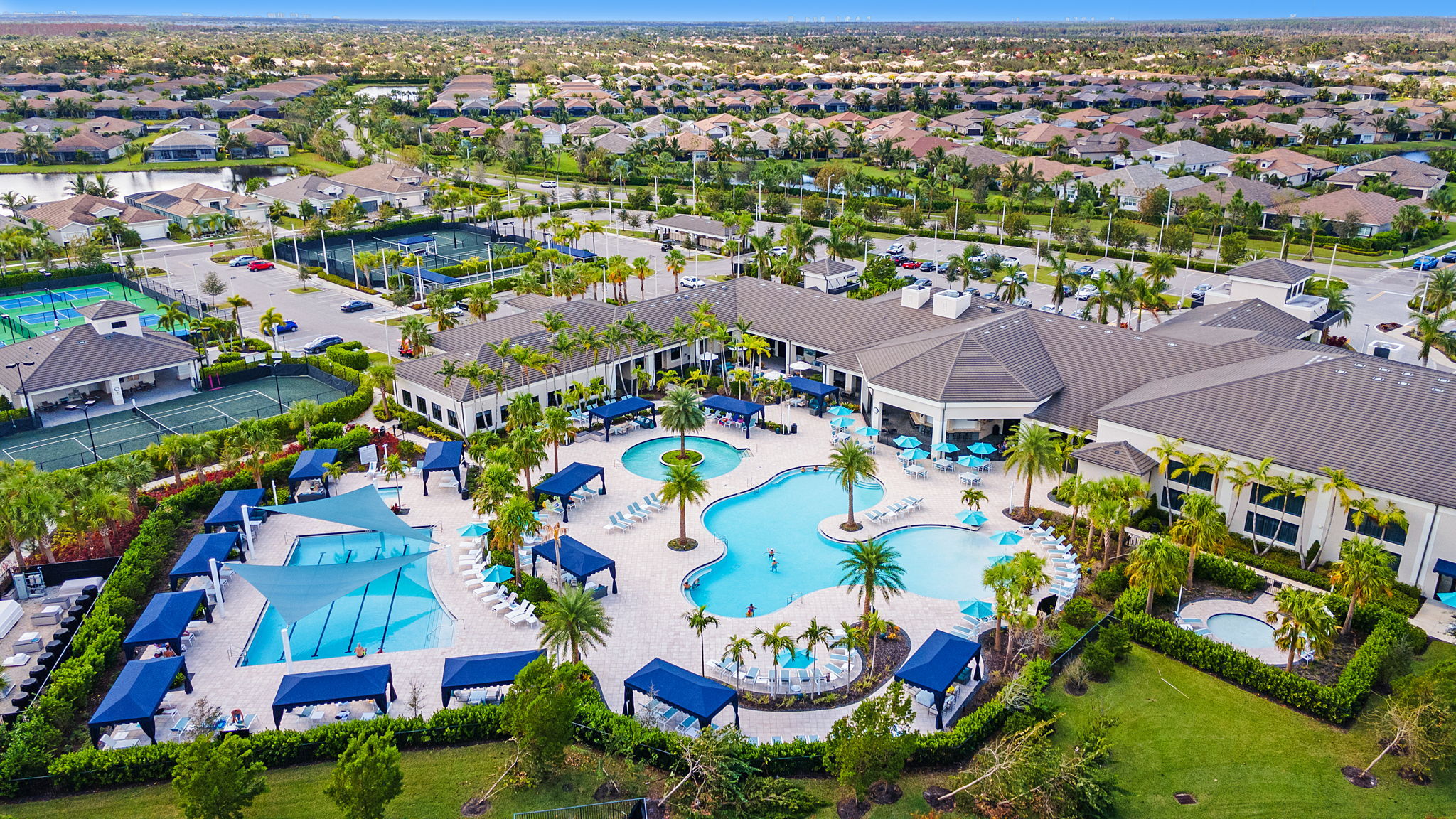 Aerial view of resort pool, resistance pool, lap pool and hot tub