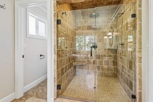 Large walk in shower with many water features