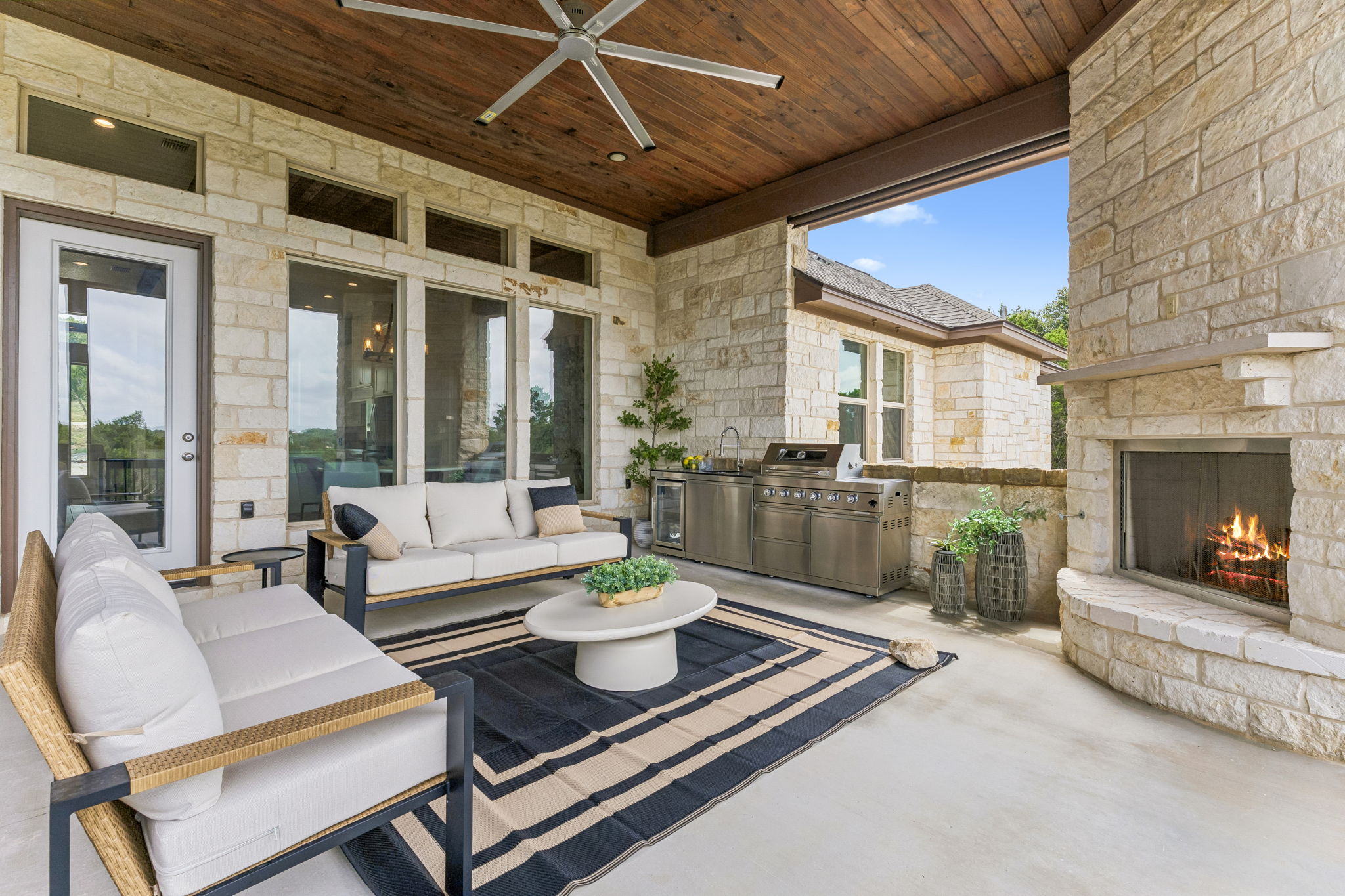 Outdoor living with fireplace.