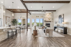 High ceilings with wood beams.