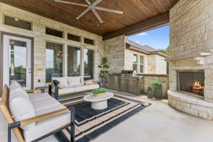 Outdoor living with fireplace.