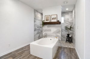 Soaking tub and walk-in shower in the primary bathroom.