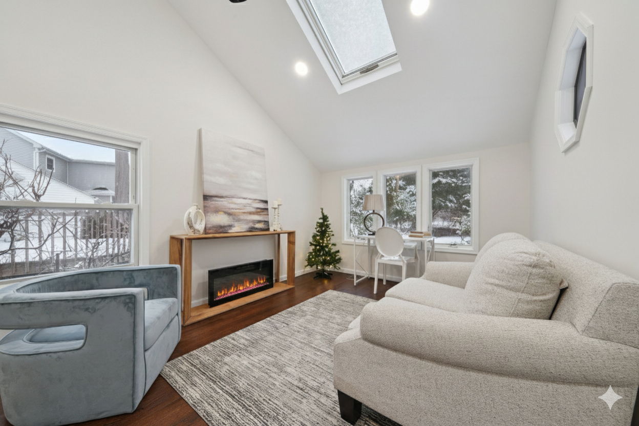 Skylight and fireplace adorn family room