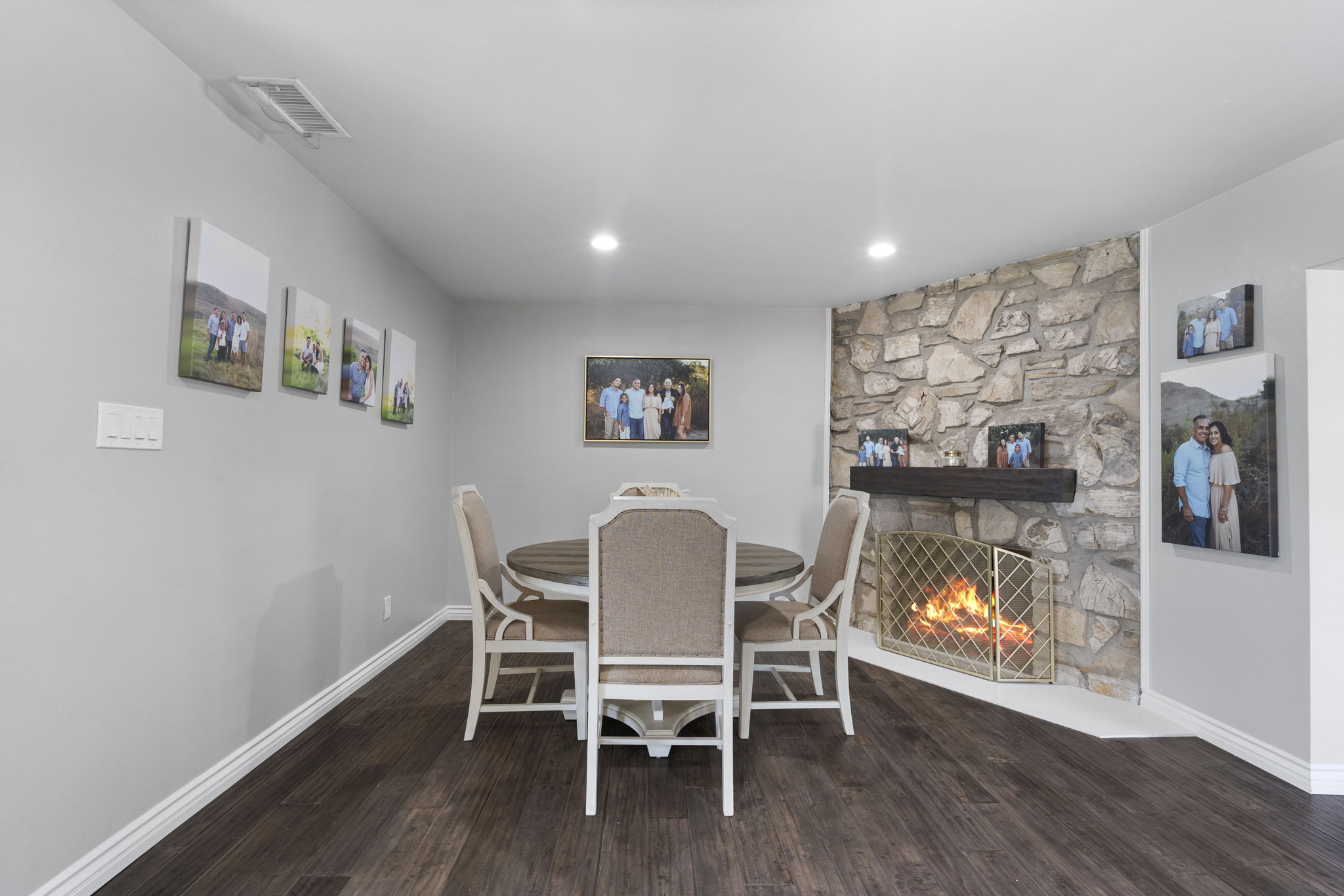Inviting dining space with fireplace
