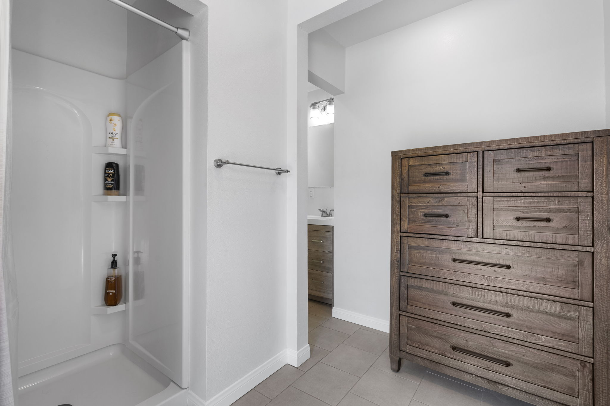 Shower and bathroom with extra storage space