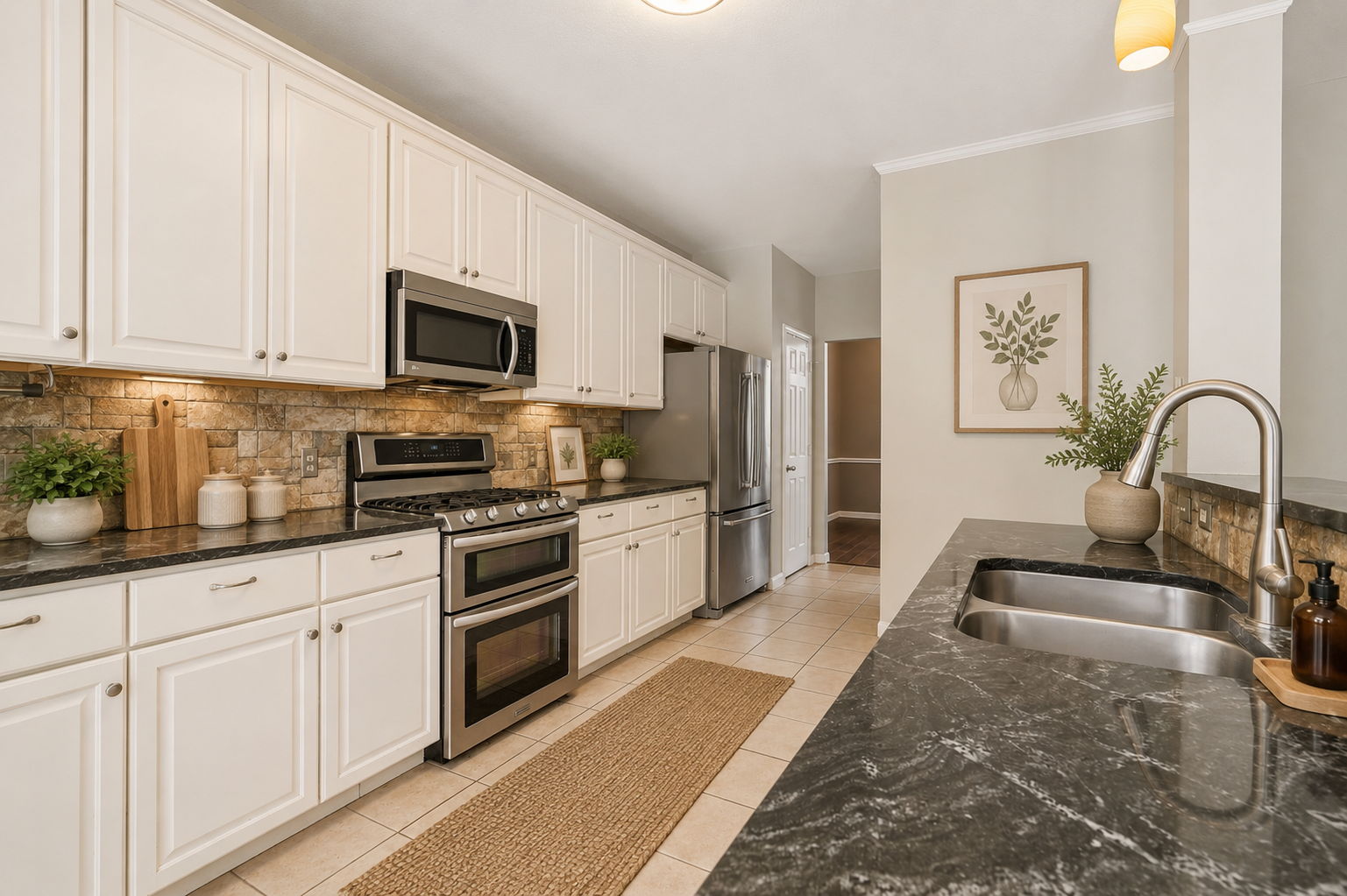 Modern galley kitchen with neutral tones