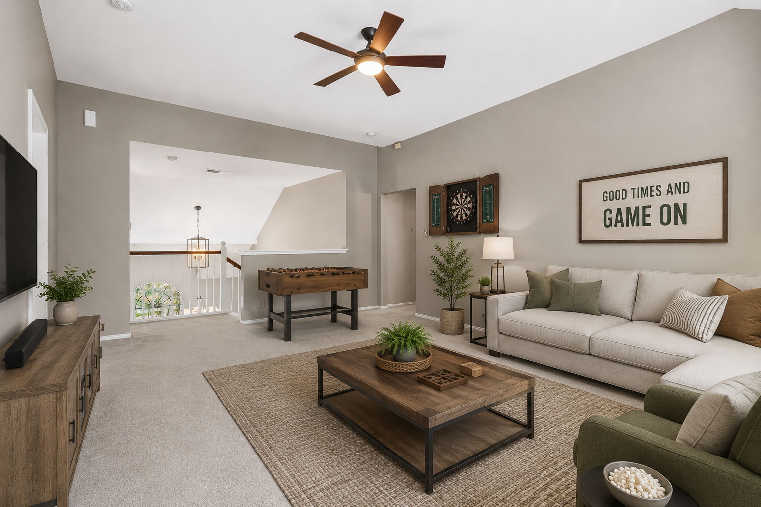 Modern game room with cozy accents