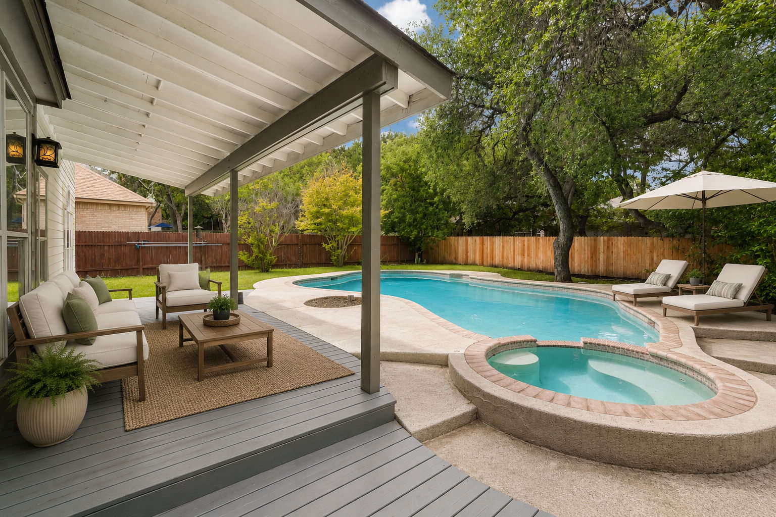 Sunny backyard patio with pool and spa