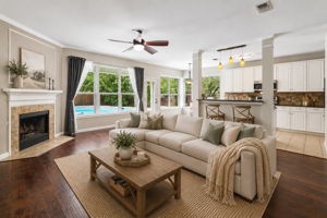 Cozy farmhouse living room and kitchen