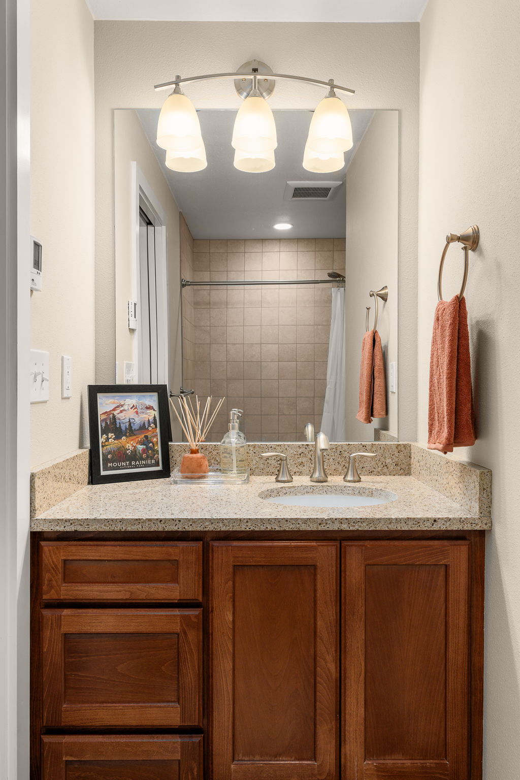 Heated bathroom floors add an extra touch of comfort.