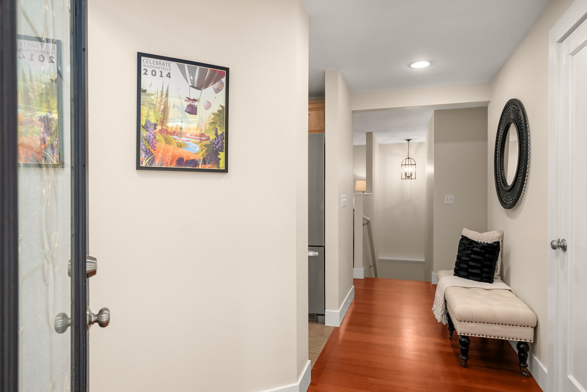 Refinished Brazilian rosewood hardwood floors bring warmth and richness.