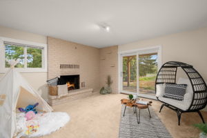 Spacious lower-level family room with a second wood-burning fireplace.