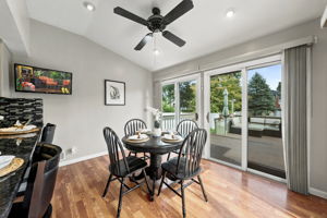 the kitchen addition opens directly to the spacious dining area created by the rear dormer. There’s generous counter space, an island for prep and room to gather around the table. When the weather is nice, open the two sliders and take the gathering outside.