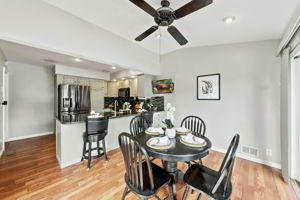 the kitchen addition opens directly to the spacious dining area created by the rear dormer. There’s generous counter space, an island for prep and room to gather around the table. When the weather is nice, open the two sliders and take the gathering outside.