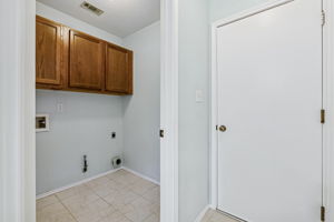 Laundry room on the lower level near the door to the garage and across from the half bathroom.