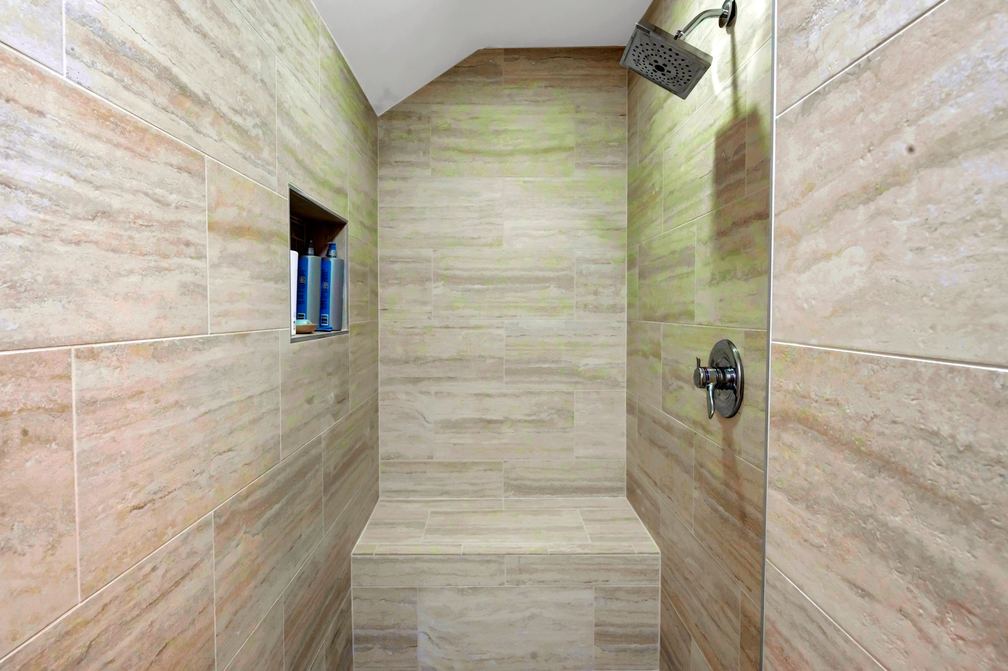 Beautiful ceramic tile walk-in shower