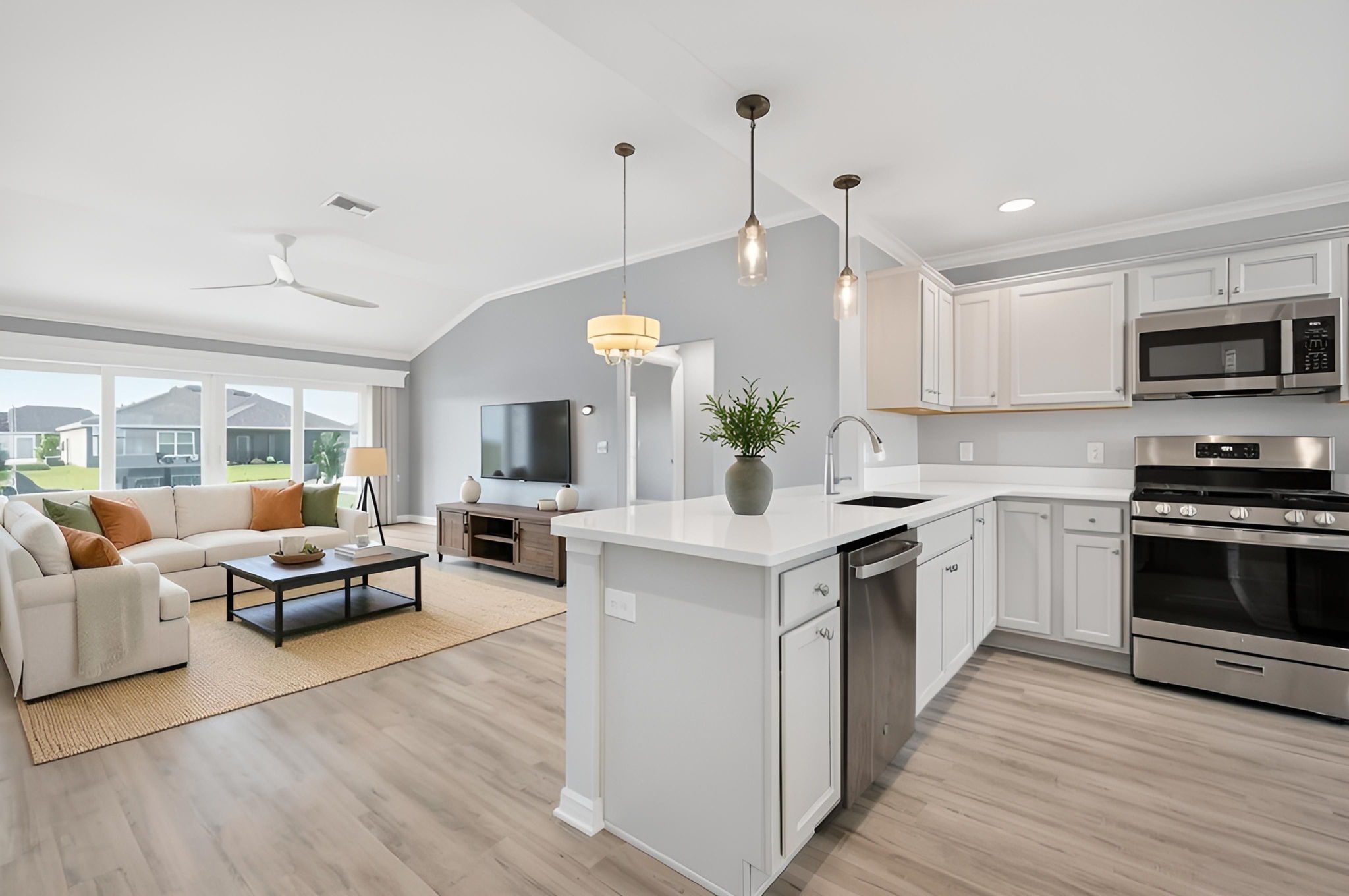 Kitchen, Dining, and Living Rooms-Virtually Staged