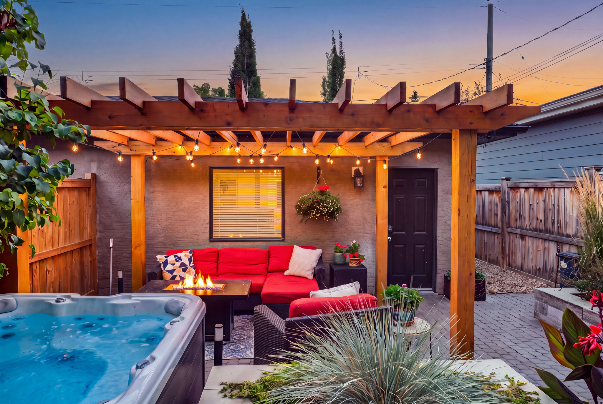 Pergola-covered lounge, paved patio and hot tub deck out back