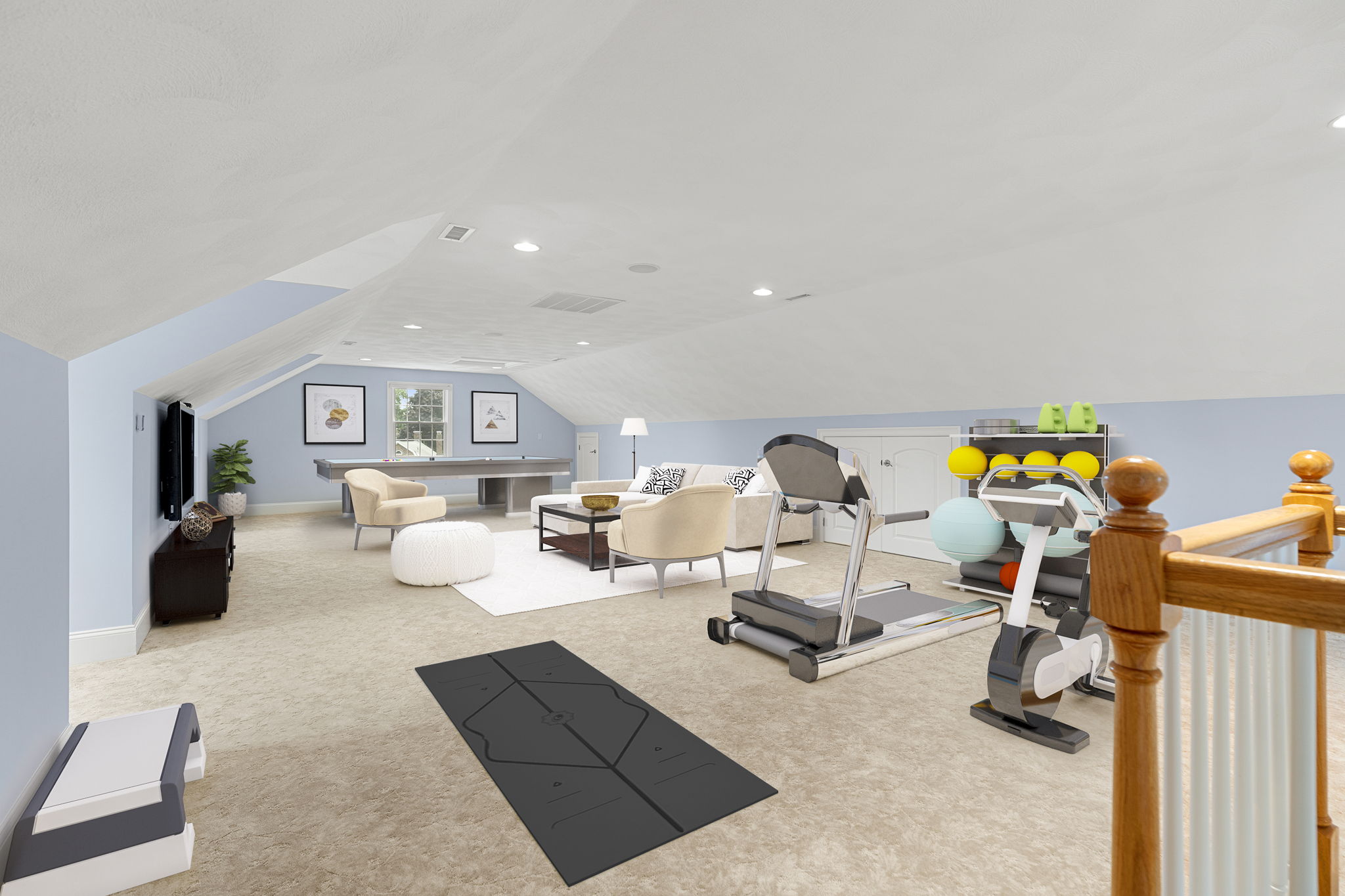 virtually staged as Game Room and Gym