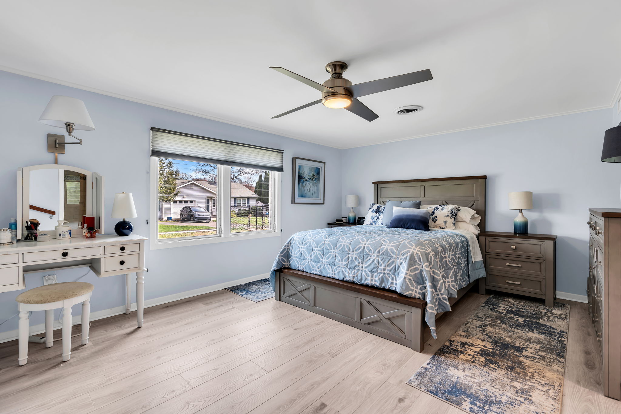 Primary with fan/light, luxury vinyl flooring