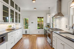Gourmet kitchen with backyard access and views