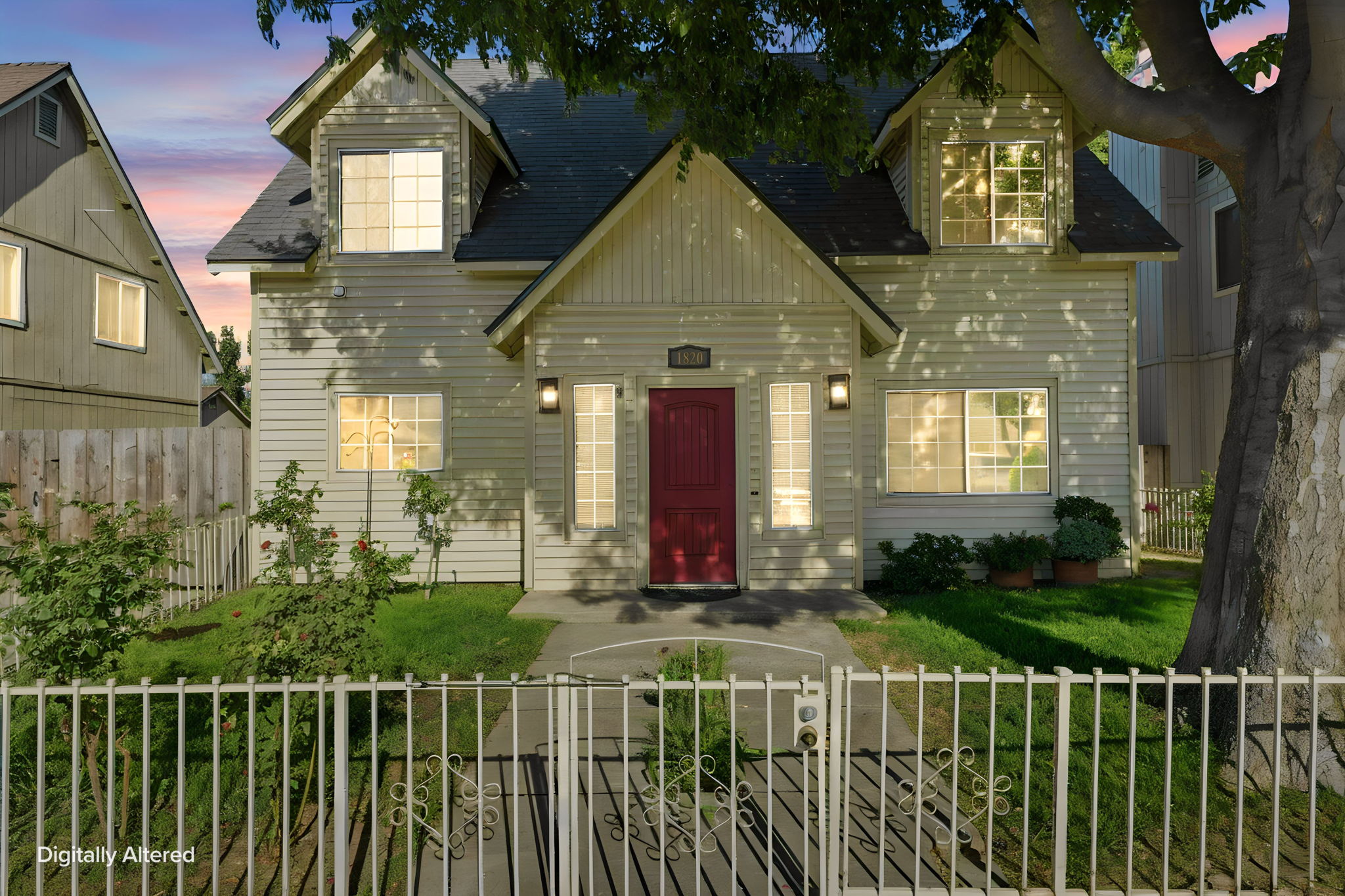 Digitally altered twilight view of the front exterior