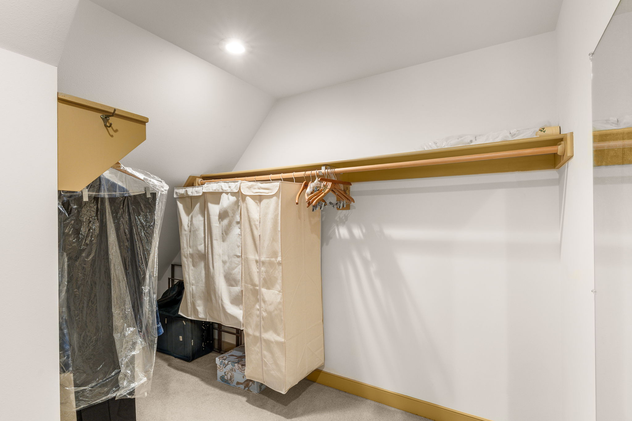 A walk-in closet is one of two closets serving the primary bedroom.