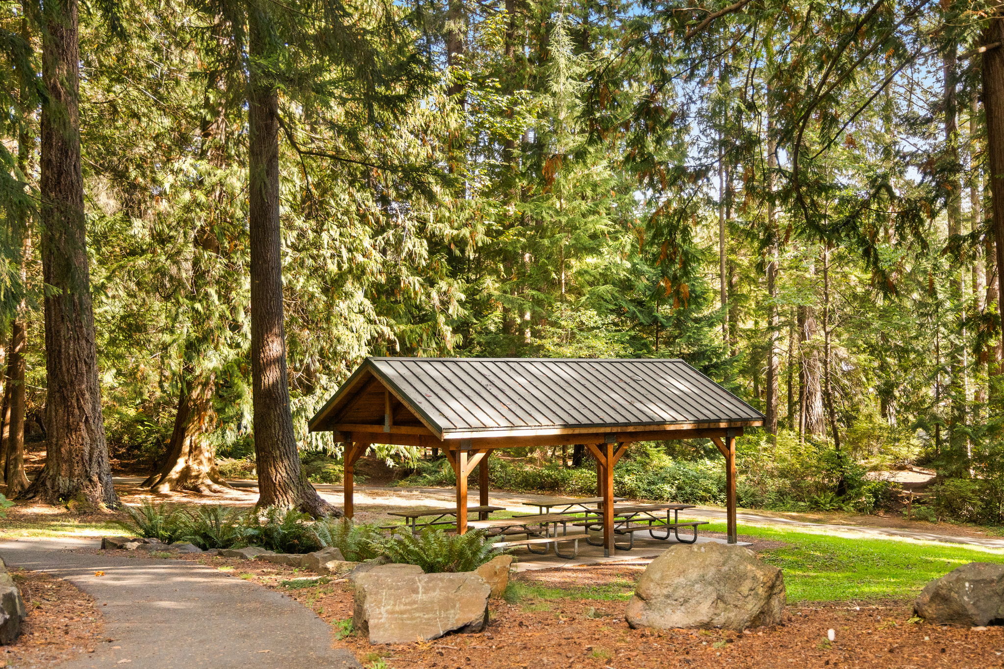 A sheltered picnic area at Flowing Lake Park offers a shady spot to gather and enjoy the outdoors.