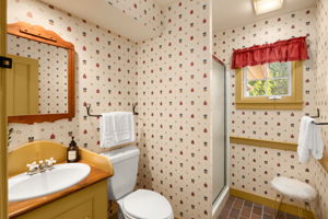 The main floor three-quarter bath pairs a walk-in shower with cheerful wallpaper and warm wood accents.