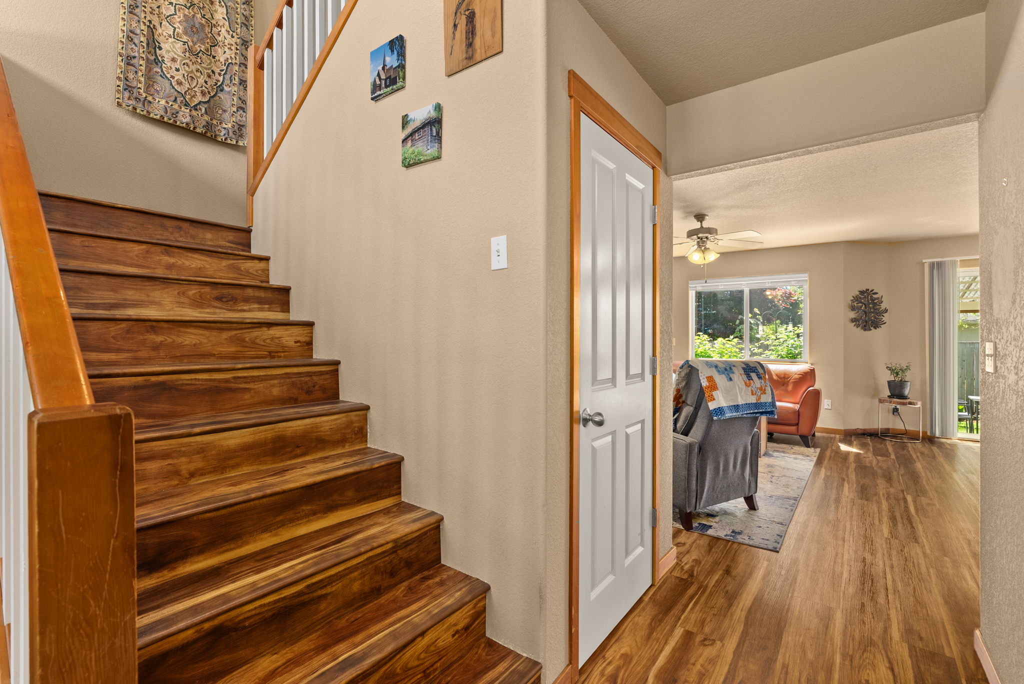 Wide stairway leading to the upper level