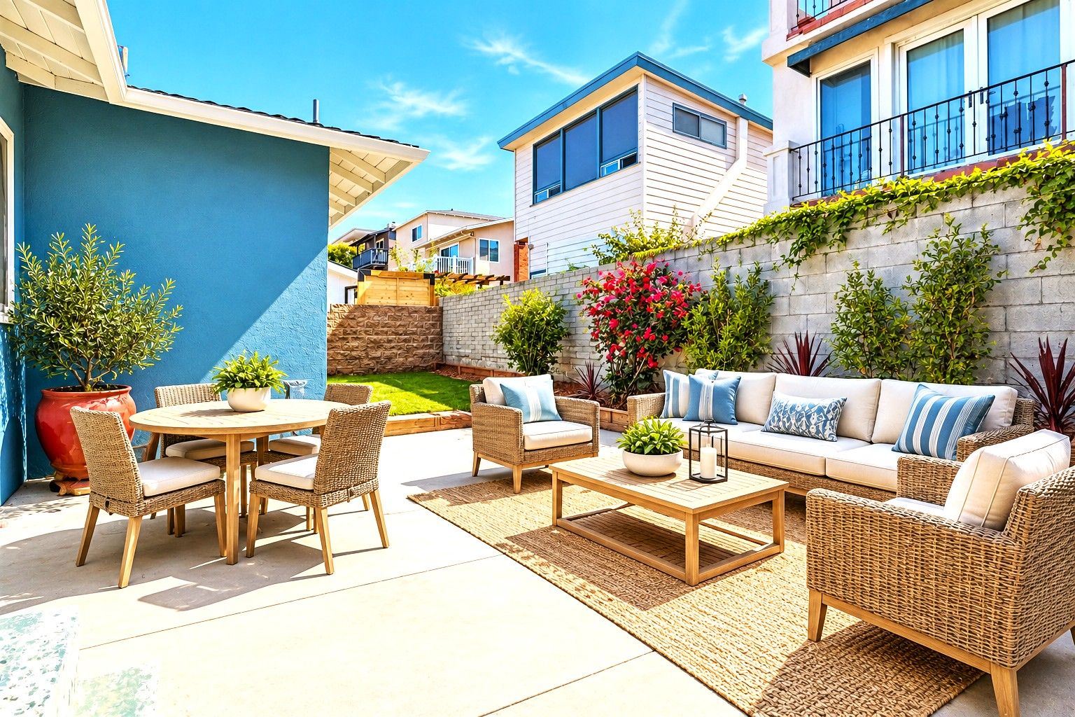 The Rear Yard has a Patio Area which could be Remodeled with Decking and an Overehear Trelllice or Patio Covering. Virtually Staged