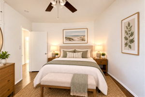 Both of the Bedrooms, which are Located off of the Hallway Adjacent to the Full Bath are on the North Side of the Home so they are Very Quiet and Off of The Street. Virtually Staged
