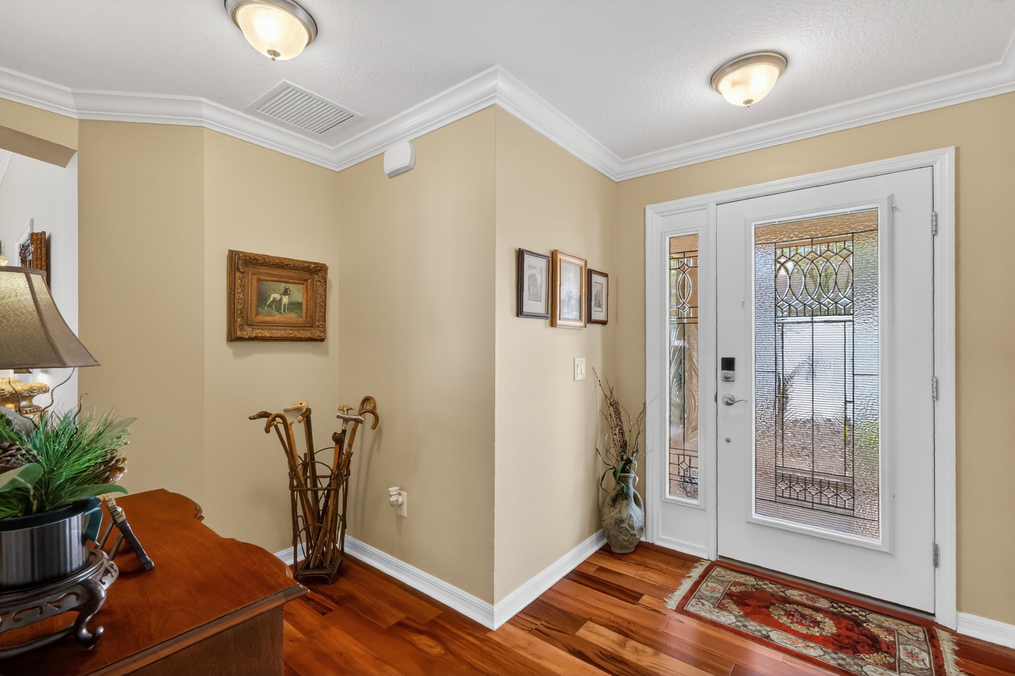 Foyer and Front Entry with Custom Leaded Glass Door and Sidelight
