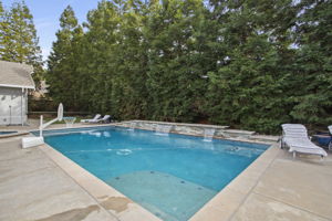 Huge, private backyard with pool, spa. Note pool's with sheer descent fountains in background. Pool also has motorized cover.