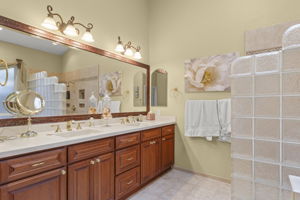 Primary master bath suite with double sink vanity and separate shower & tub.