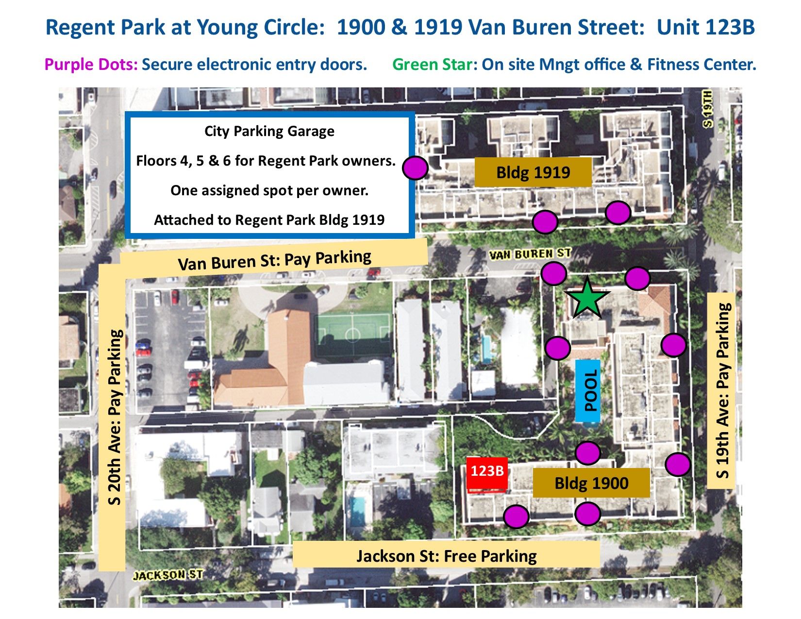 Resident parking is in the garage attached to building 1919.  All other amenities are in your building 1900