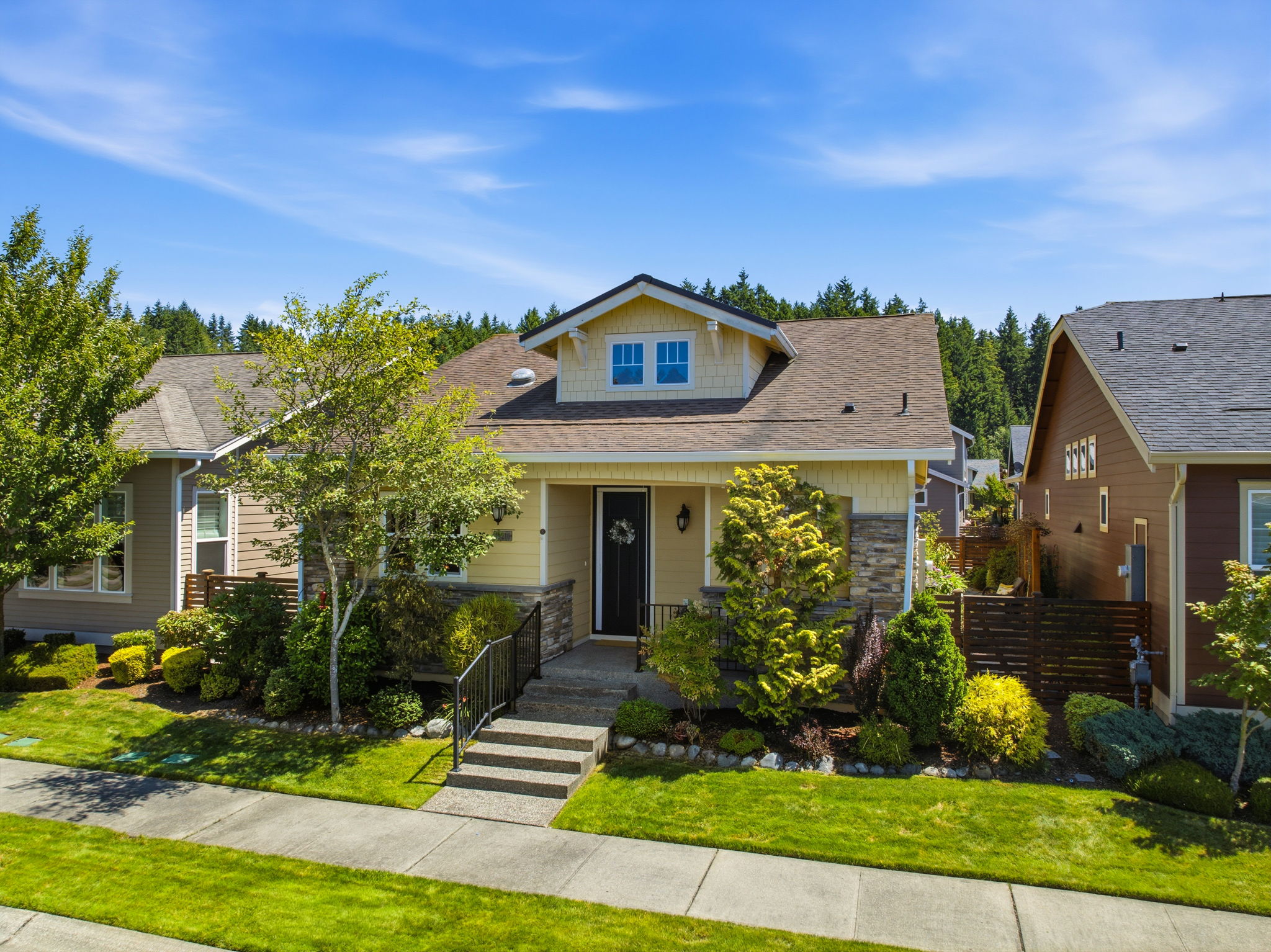Aerial View. An elevated angle highlights the home's covered entry, landscaping, and wooded backdrop.