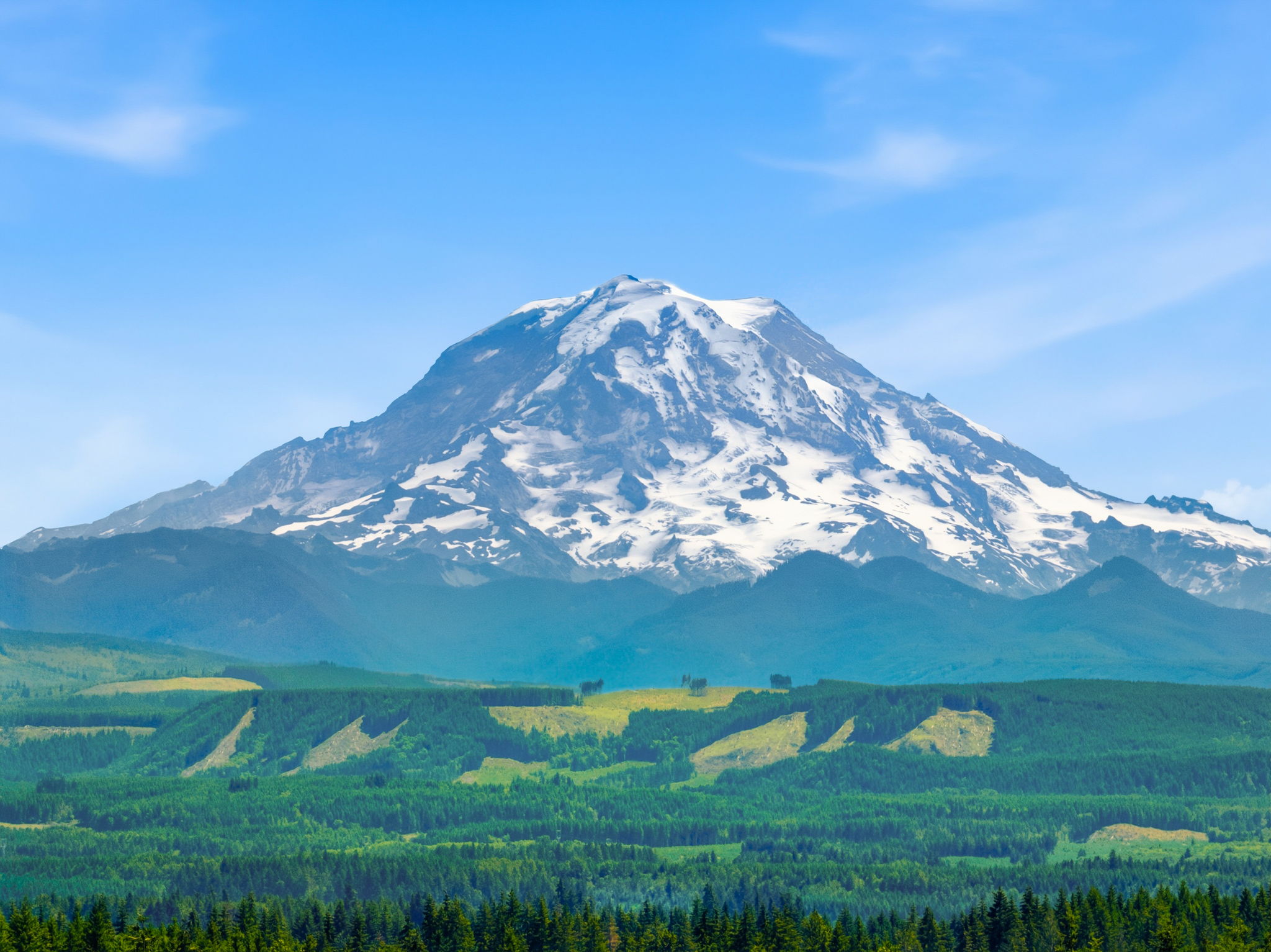 Mount Rainier view. A stunning backdrop of snow-capped peaks adds to the area's scenic appeal.