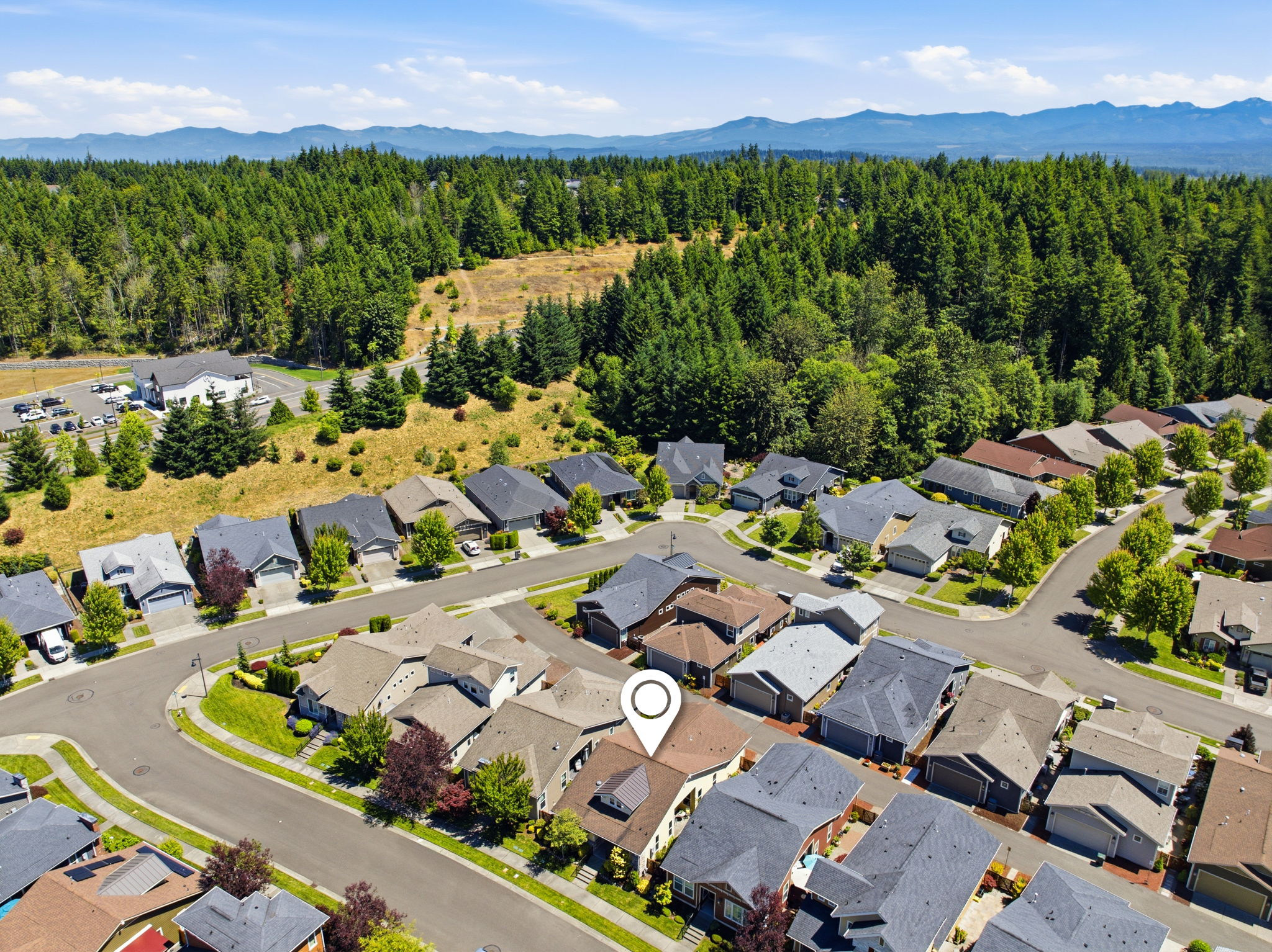 Aerial View. A wide overhead perspective shows the home's location within the wooded, established community.