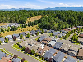 Aerial View. A wide overhead perspective shows the home's location within the wooded, established community.