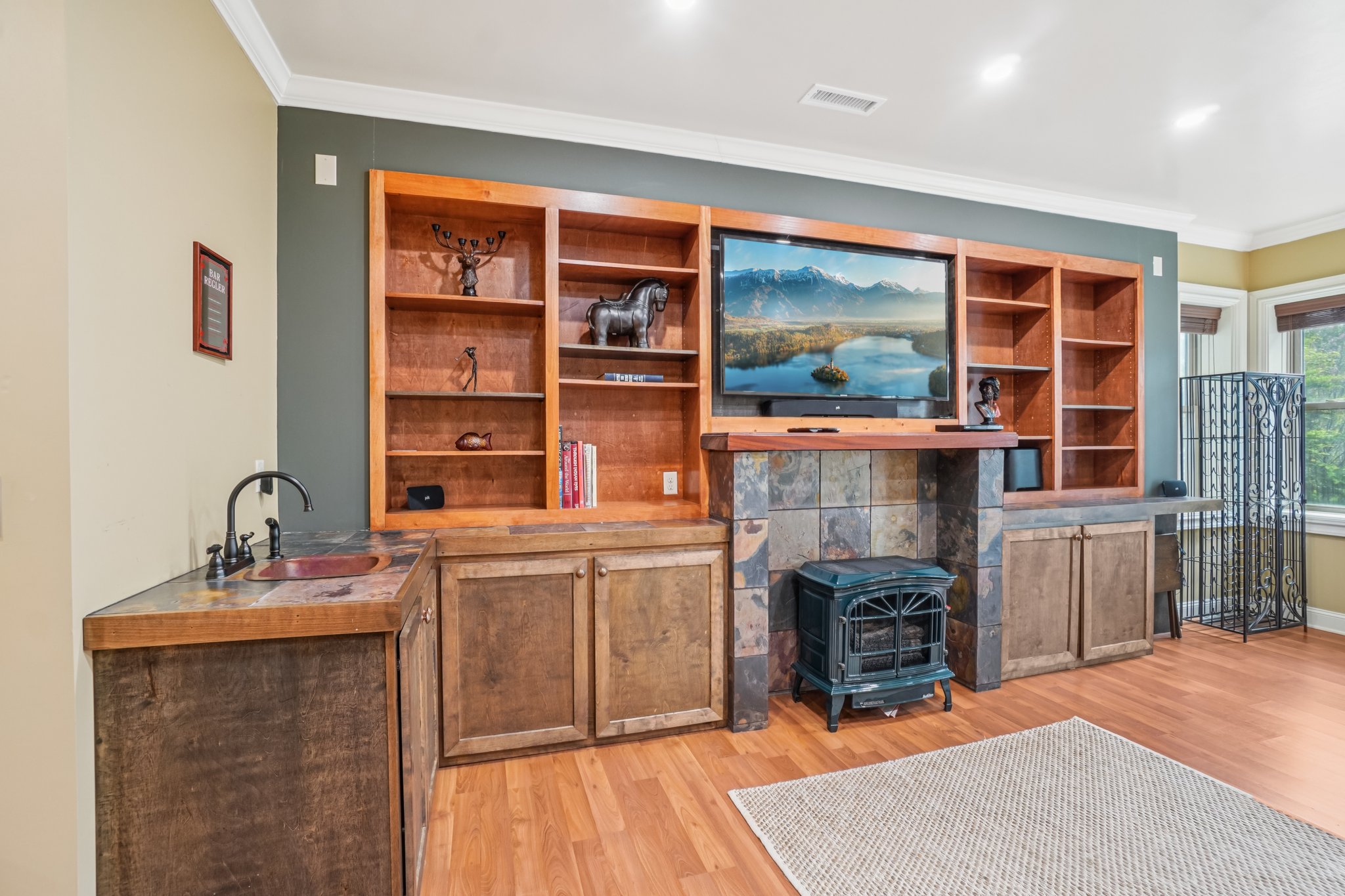 Movie Room Wet Bar/Bookcase/Woodstove