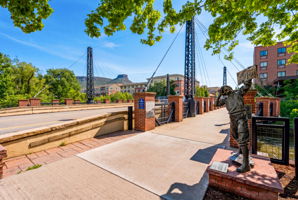 The historic pedestrian bridge over Clear Creek.