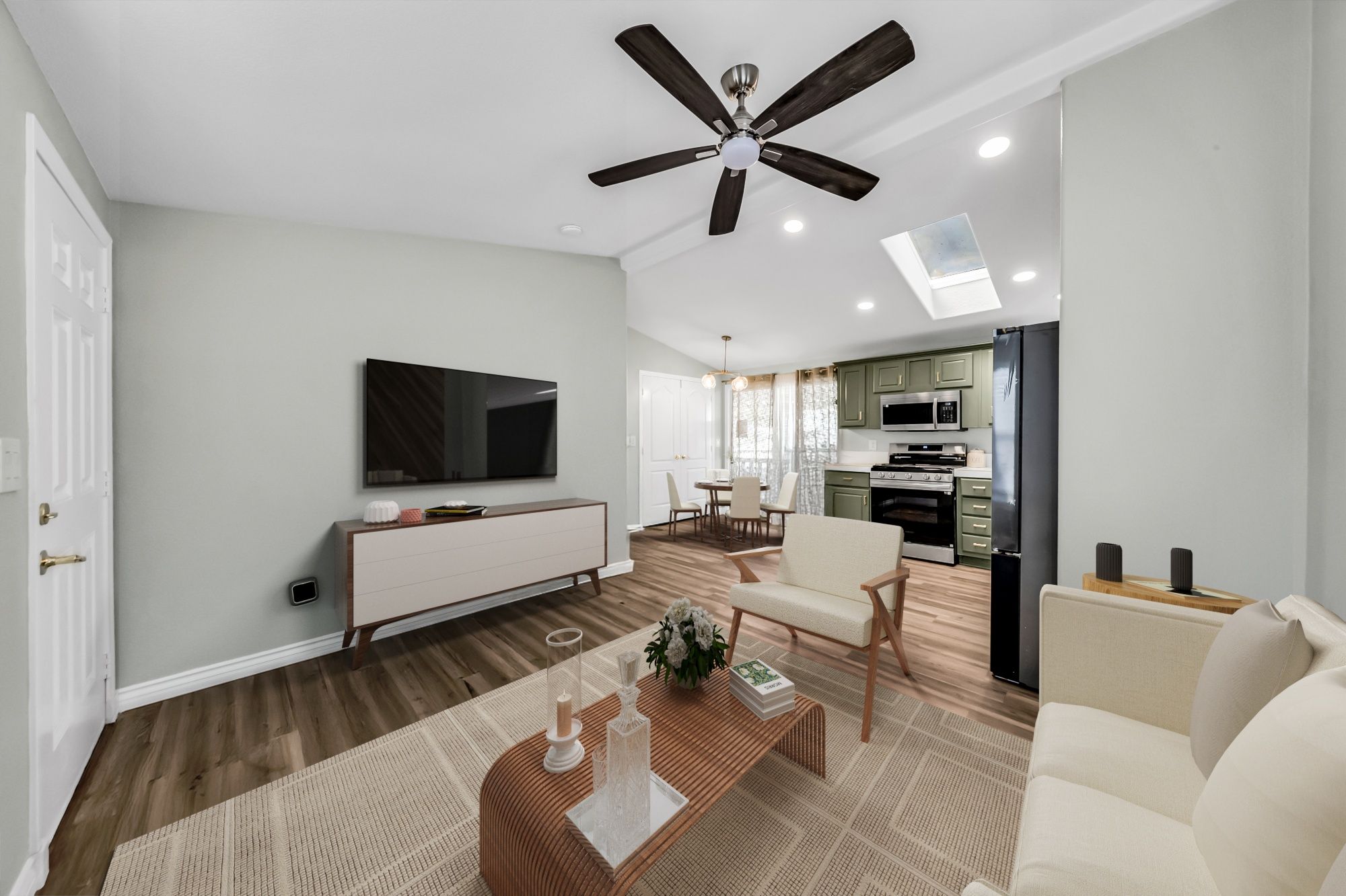 Living, dining, kitchen