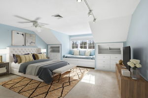 Bedroom 3, Second Floor I (Virtually Staged) | With custom built-ins and window seat with storage