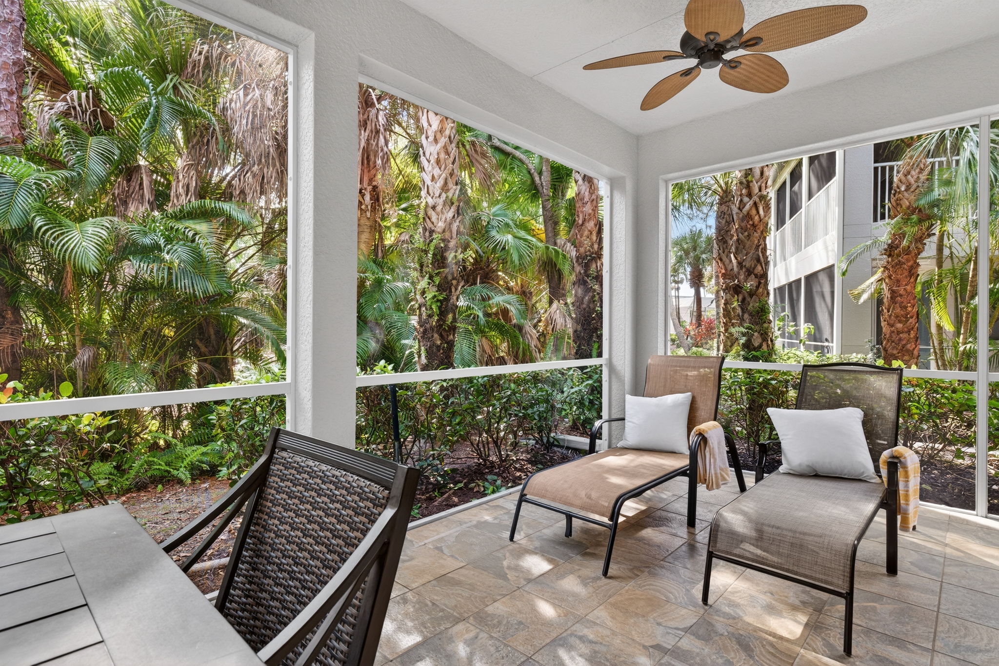 Sun loungers on lanai.
