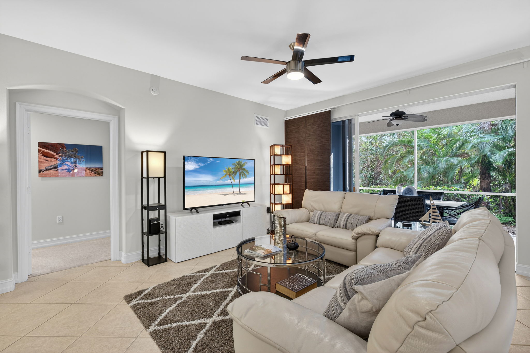 Smart tv, cable, leather sofa & loveseat