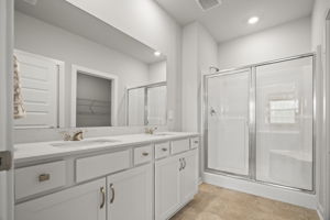 Double vanity, stand up shower and walk-in closet.