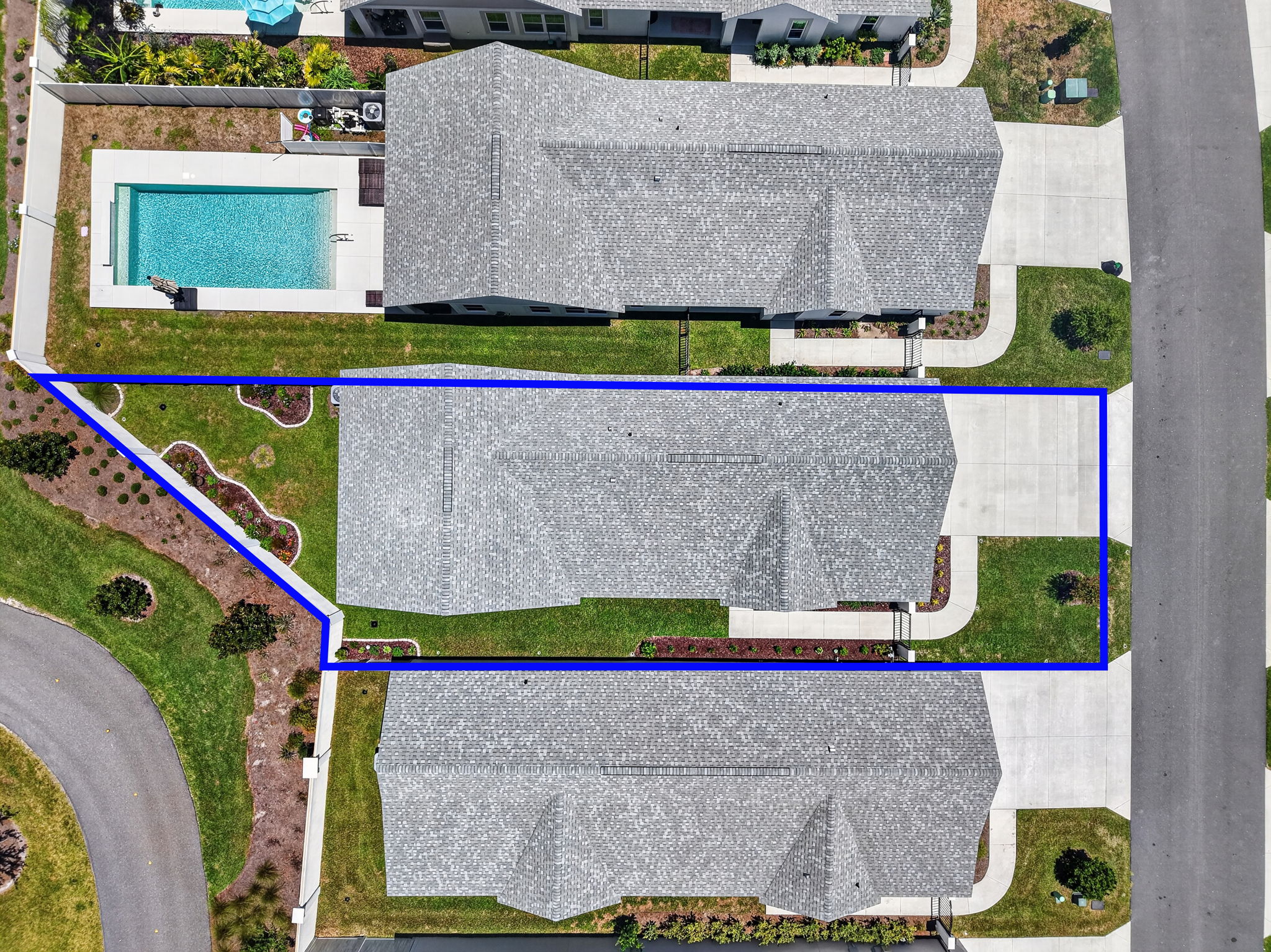 Aerial Side Elevation with Property Lines and SPACIOUS, PRIVATE, ENCLOSED Rear and Side Yards!