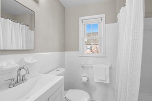 Bright bathroom with blue sky view
